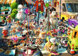 Colorful scene with animated dogs in various poses and settings
