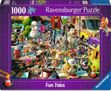 Ravensburger 1000-piece jigsaw puzzle box for 'Fun Jobs' by Dean Macadam, featuring a colorful cartoon illustration of various dogs and animals working in a busy street scene.