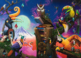 Colorful fantasy scene with birds, books, and a mountain in a surreal setting.