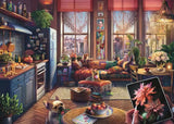 Cozy living room with a dog, tablet, and cityscape view