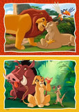 Two animated scenes from 'The Lion King' featuring Simba, Nala, and Timon.