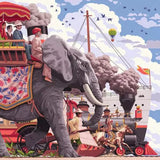 Illustration of an elephant pulling a cart with people, steam train, and hot air balloon in the background.
