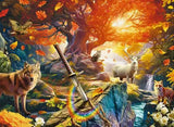 Colorful forest scene with animals and a sword embedded in a tree.