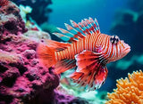 Red and white striped lionfish swimming among colorful coral in an aquarium setting.