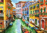 Colorful Italian canal scene with gondolas and buildings.