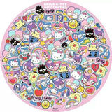 Collection of colorful Hello Kitty and friends stickers on a pink background