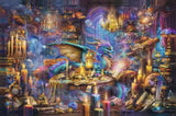 Colorful dragon in a fantasy setting with candles, books, and mystical objects.