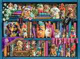 Colorful display of dog figurines on shelves with books and decorative items.