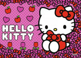 Hello Kitty character on a pink background with hearts and apples