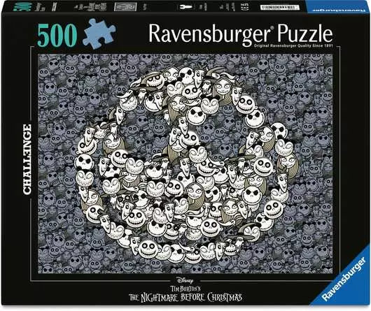 Ravensburger puzzle box featuring characters from 'The Nightmare Before Christmas' with a black and white design.