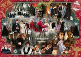 Collage of people in formal attire with festive decorations and 'Hogwarts' logo.