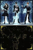 Three animated characters in formal attire with a deer illustration at the bottom.