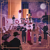 Illustration of a ship's deck with people in formal attire, including a couple dancing, with fireworks in the background. The year 1912 is visible.