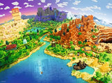 Minecraft-style pixelated landscape with mountains, rivers, and buildings.