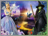 Two characters, one in a fairy costume and the other in a witch costume, standing in a magical landscape with butterflies and a castle.