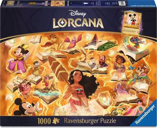 Disney Lorcana Ravensburger puzzle box with characters and books on a dark blue background
