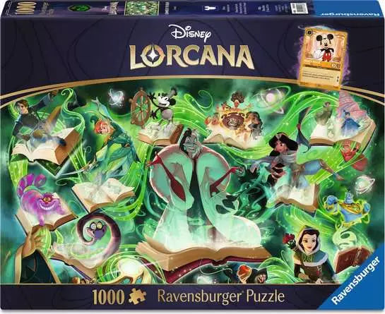 Disney Lorcana Ravensburger puzzle box with characters and books on a green background