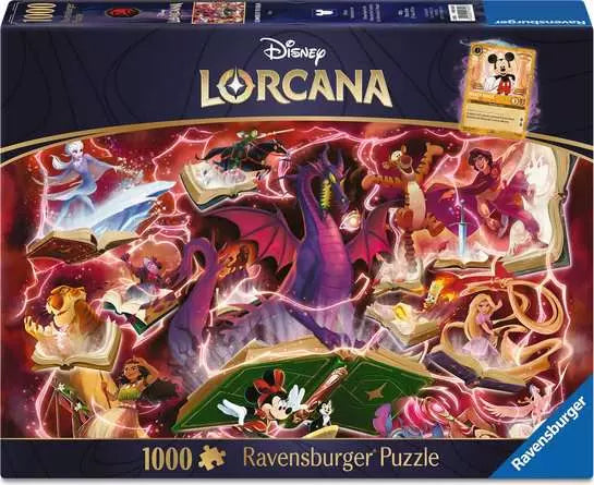 Disney Lorcana Ravensburger puzzle box with characters and books on a dark background