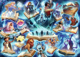 Illustration of animated characters from various Disney movies in a magical setting with books and glowing effects.