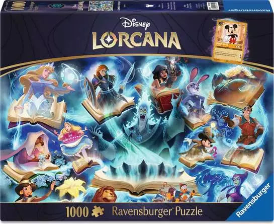 Disney Lorcana Ravensburger puzzle box with characters and books on a blue background
