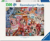 Ravensburger puzzle box with colorful collage design and '1500' piece count.