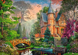 Fantasy house with a bridge and garden in a colorful landscape