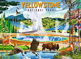Illustration of Yellowstone National Park with geysers, lakes, and wildlife.