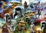 Collage of characters from 'The Mandalorian' and 'The Child' with various props and settings.