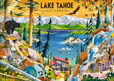 Illustration of Lake Tahoe, California with mountains, lake, trees, and animals.