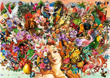 Collage of a woman's face surrounded by colorful animals, flowers, and objects.