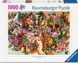 Ravensburger 1000-piece puzzle packaging with a colorful design of a woman's face surrounded by flowers and butterflies.
