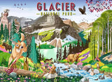 Illustration of Glacier National Park with animals and nature elements.