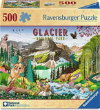 Ravensburger 500-piece jigsaw puzzle box for Glacier National Park, featuring a colorful illustrated mountain landscape with deer, bears, birds, and a stream. The box shows the Ravensburger brand, National Park Foundation logo, and a blue 500-piece puzzle banner.