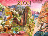 Illustration of Zion National Park with colorful landscapes and animals.