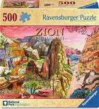 Ravensburger 500-piece jigsaw puzzle box for Zion National Park, featuring a colorful illustrated landscape of canyons, cliffs, and desert scenery on the front.