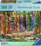 Ravensburger 500-piece jigsaw puzzle box for Redwood National Park, featuring a colorful forest illustration with giant redwood trees, a small orange vehicle, and National Park Foundation branding.