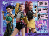 Three animated characters with colorful hairstyles and outfits on a vibrant background with 'Huntfix' branding.