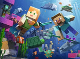 Minecraft characters underwater with colorful blocks and fish.