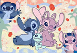 Cartoon characters from 'Lilo & Stitch' on a colorful background with flowers and leaves.