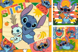 Two cartoon characters on a colorful background with 'Stitch' text.