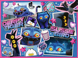 Cartoon characters with colorful designs and text on a blue background
