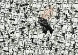 Toy figure of Darth Vader surrounded by stormtroopers in a patterned background