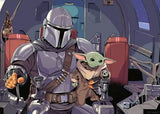 Character in Mandalorian armor holding a small creature in a spaceship interior