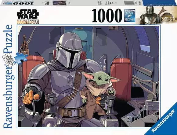 Jigsaw puzzle packaging featuring The Mandalorian and Baby Yoda with Ravensburger branding.