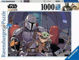 Jigsaw puzzle packaging featuring The Mandalorian and Baby Yoda with Ravensburger branding.