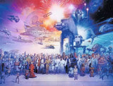 Illustration of a large group of people in a futuristic setting with spaceships and a colorful sky.