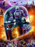 Helmet with character design on a colorful background with stormtroopers and space elements