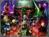 Collage of characters from a popular science fiction franchise with a colorful background.
