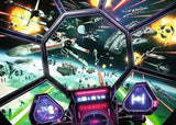 Hexagonal grid of space battle scene with various spaceships and a cockpit view.