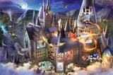 Fantasy castle with magical elements and flying creatures at night.